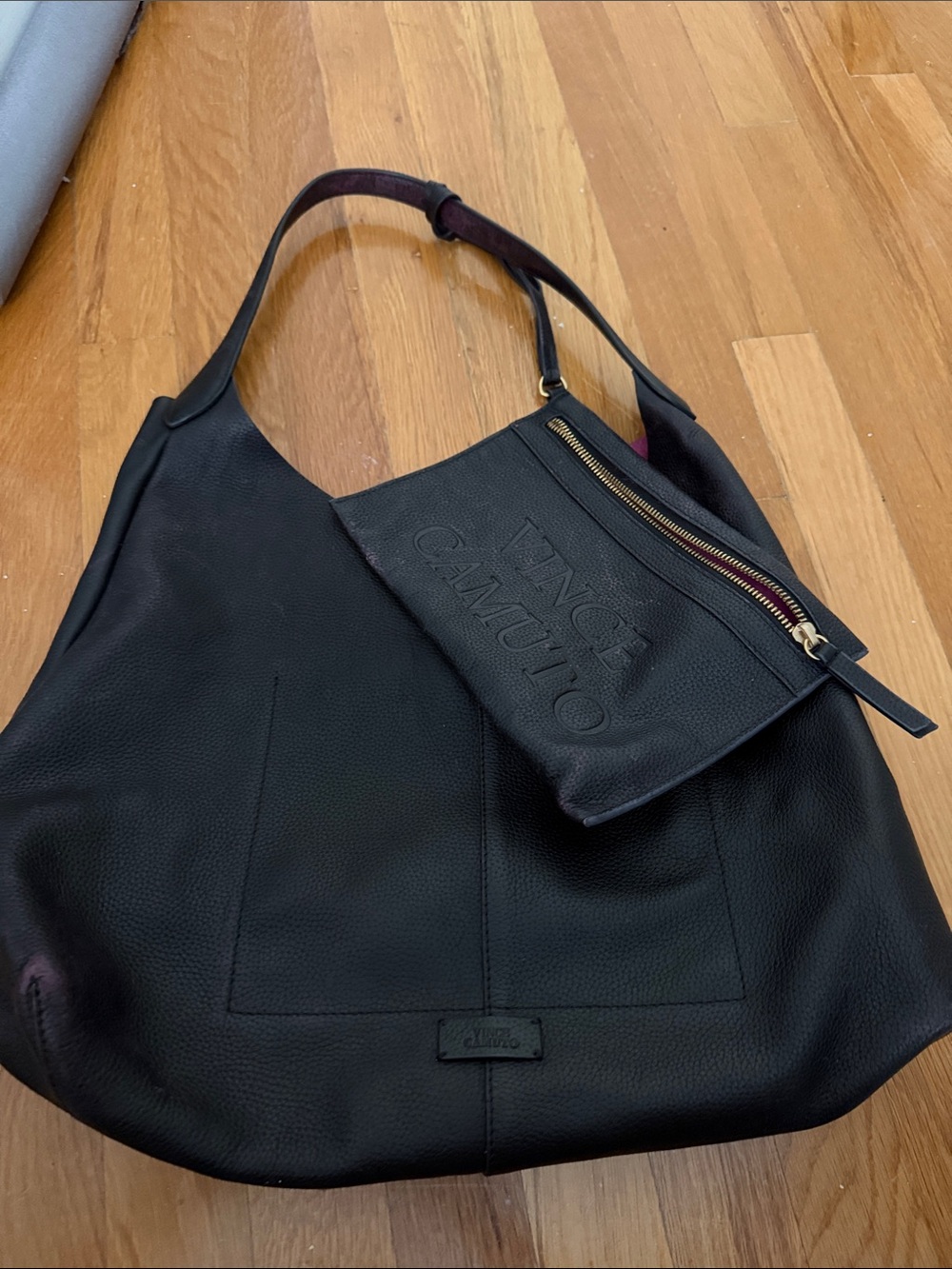 Vince Camuto Black Pebbled Leather Shoulder Hobo with Detachable Zip Pouch